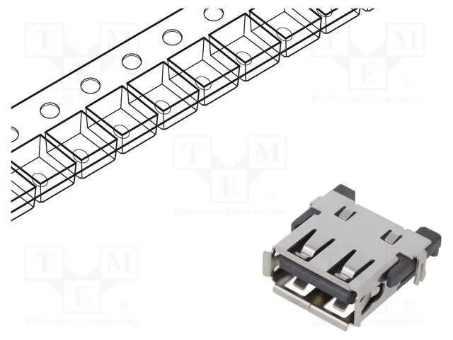 Tomada, USB A, SMT, PIN: 4, horizontais, middle b.