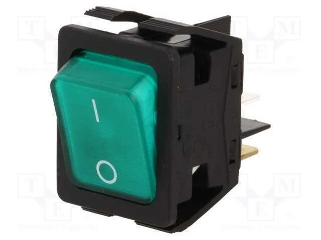 Rocker, Dpst, Pos: 2, On-Off, 16a/250vac, 20a/28vdc, Verde, 230v