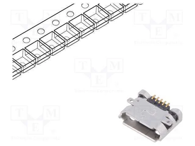 Tomada, USB B micro, para PCB, SMT, PIN: 5, horiz.
