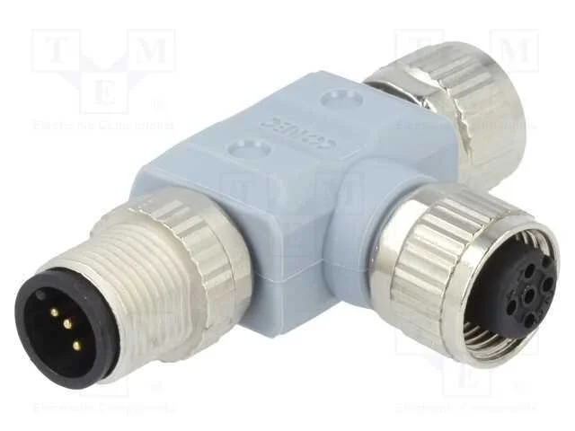 T- conector, macho M12,f&ecirc;mea M12 x2, PIN: 5, IP67.