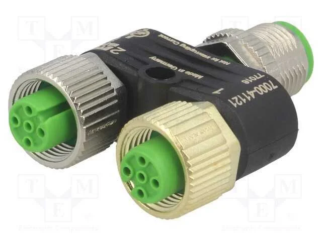 T- conector, macho M12,f&ecirc;mea M12 x2, PIN: 5, IP67.