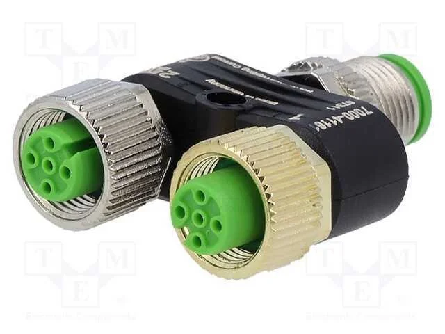 T- conector, macho M12,f&ecirc;mea M12 x2, PIN: 4, IP67.