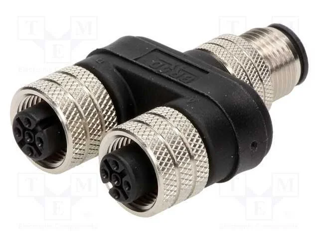 T- Conector, Macho M12,F&ecirc;mea M12 X2, Pin: 4, Ip67, Y, 4a, 30v