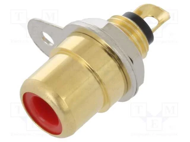 Tomada, Rca, F&ecirc;mea, Simples, Solda, Dourado, Designador: Vermelho