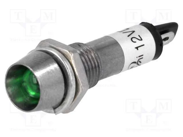 Luz indicadora: LED, c&ocirc;ncavo, verde, 12VDC, 8,2mm.