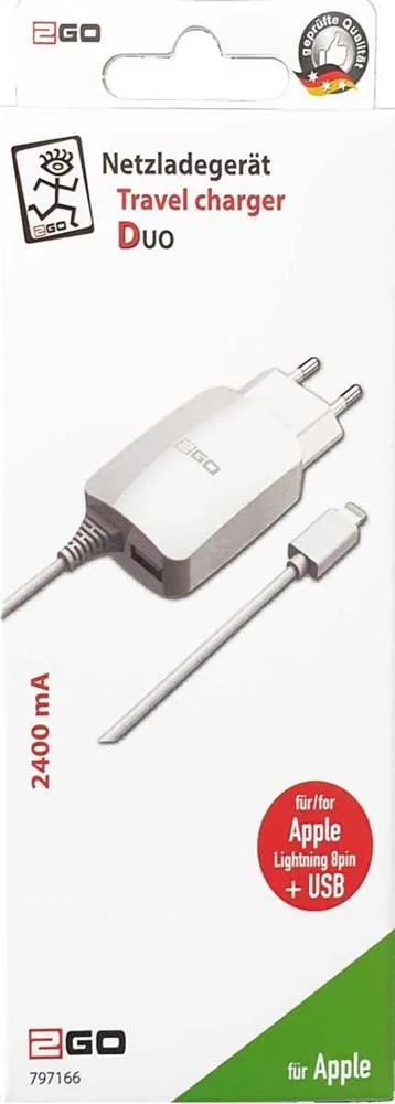 2go Usb-Netz-Ladeger&auml;t Duo Lightning + 1x Usb 1,4m  Wei&szlig;