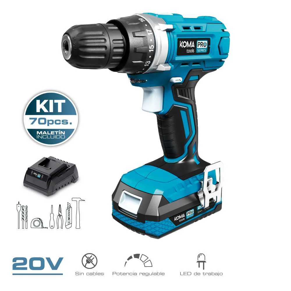 Kit Mala Berbequim Aparafusador com 70 Acess&oacute;rios 20v com Bateria e Carregador Koma Tools