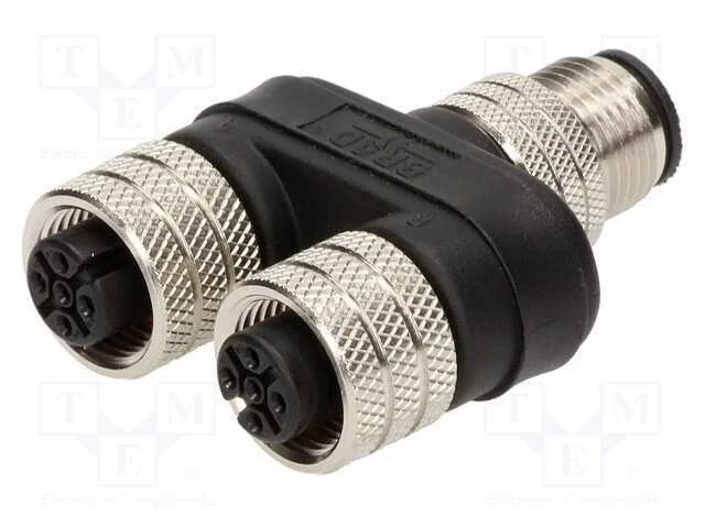T- conector, macho M12,f&ecirc;mea M12 x2, PIN: 4, IP68.
