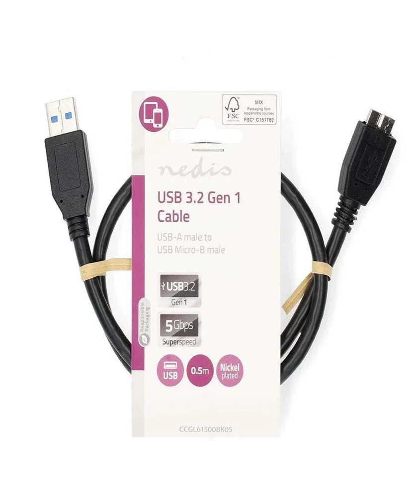 Cabo Usb  Usb 3.2 Gen 1  Usb-A Macho  Usb Micro-B Macho  5 Gbps  Niquelado  0.50 M  Redondo