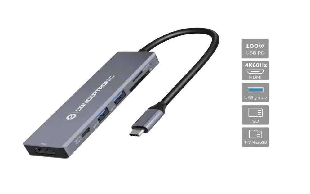 Hub Usb-C "6-Em-1" Hdmi / Usb Pd / Leitor Micro Sd/Tf / 2x Usb3.0 / Leitor Sd - Conceptronic