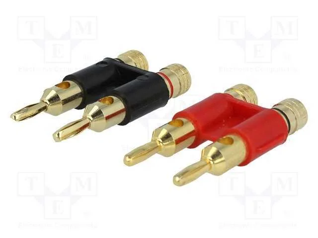 Conector: Banana 4mm, Dourado, Duplos, Ficha, com Fio