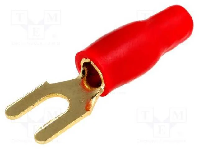 Conetor: de Forquilha, M4, 4mm2, Dourado, Isolada, Vermelho