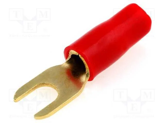 Conetor: de Forquilha, M4, 6mm2, Dourado, Isolada, Vermelho