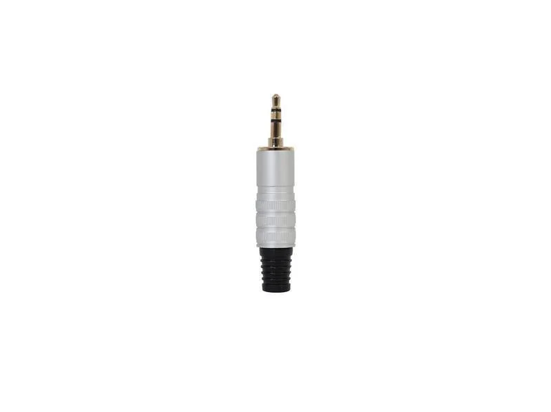 Conetor de &Aacute;udio. Jack 3,5 Mm Est&eacute;reo Macho. Orif&iacute;cio de Sa&iacute;da para Cabo 5 Mm &Oslash;. Prateado.