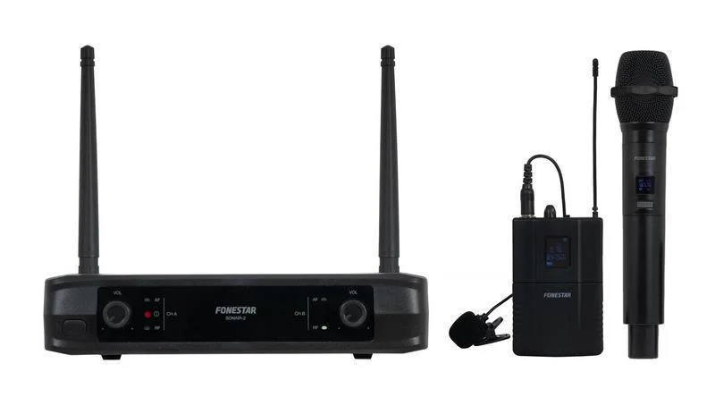 Microfone duplo sem fios de m&atilde;o e port&aacute;til UHF