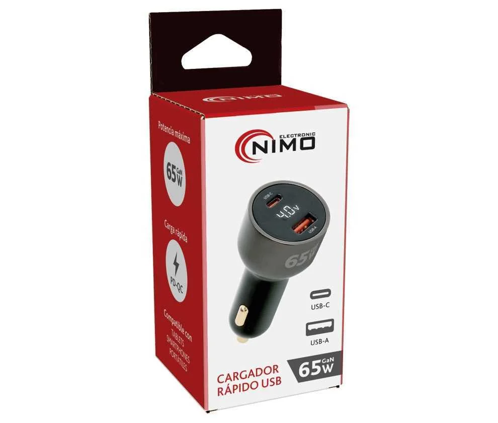 Cargador R&aacute;pido de Coche Tipo-C + Usb-A Pd 65w Gan