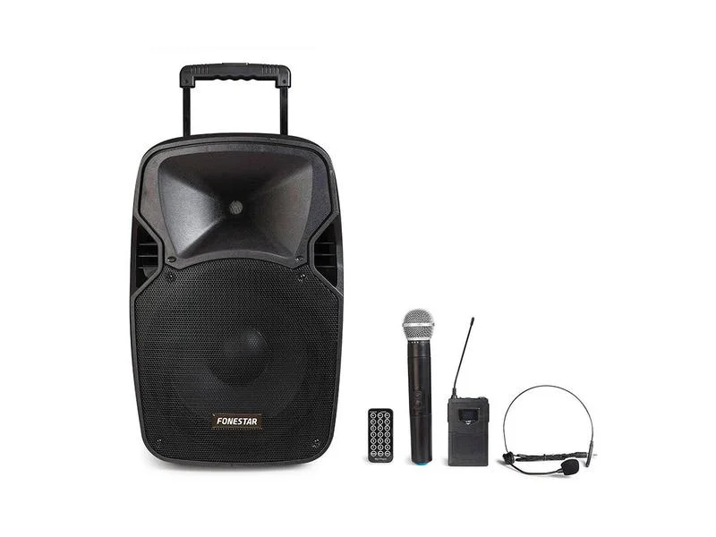 Coluna port&aacute;til 12". 250 W m&aacute;x., 50 W RMS. 2 micr.