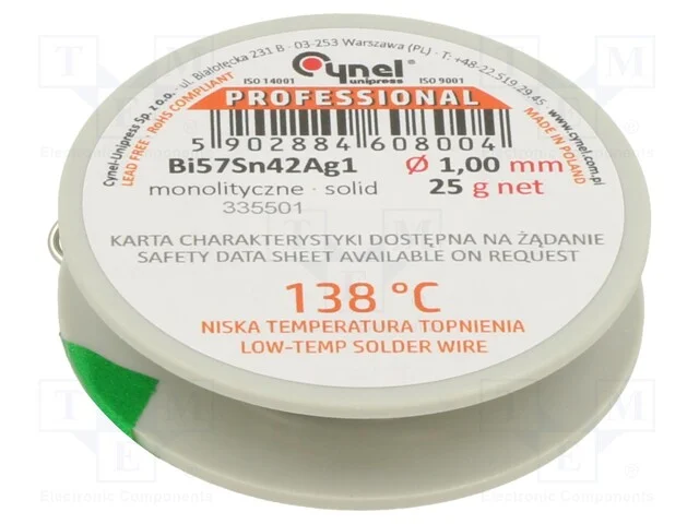 Sem n&uacute;cleo,arame de solda, Bi57Sn42Ag1, 1mm, 25g,.
