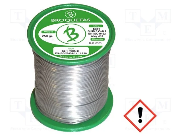 Arame de solda, Sn99,3Cu0,7, 0,5mm, 0,25kg, sem c.