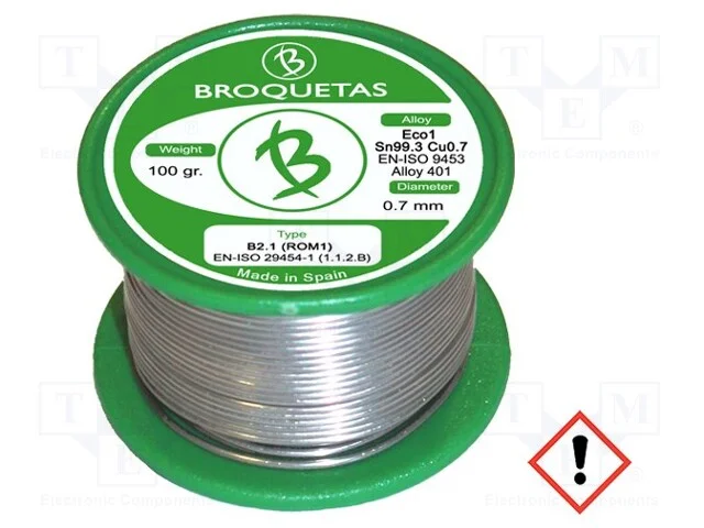 Arame de solda, Sn99,3Cu0,7, 0,7mm, 0,1kg, sem ch.