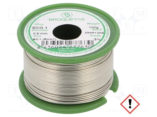 Arame de solda, Sn99,3Cu0,7, 0,8mm, 0,1kg, sem ch.