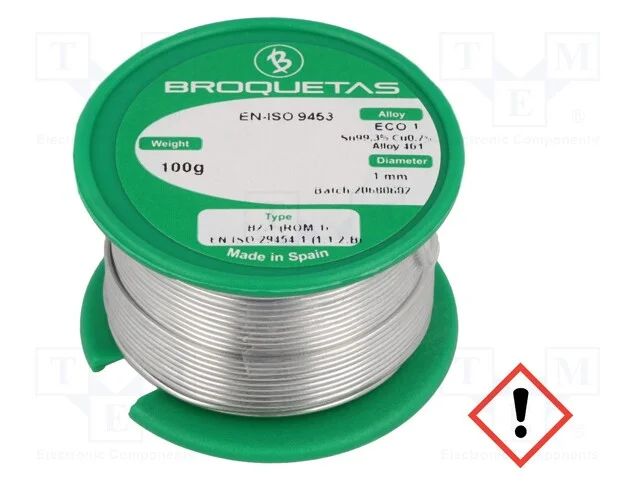 Arame de solda, Sn99,3Cu0,7, 1mm, 0,1kg, sem chum.
