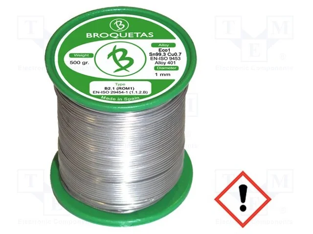 Arame de solda, Sn99,3Cu0,7, 1mm, 0,5kg, sem chum.