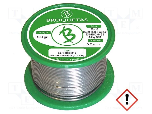 Arame de solda, Sn99Ag0,3Cu0,7, 0,7mm, 0,1kg, sem.
