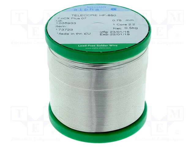 Arame de Solda, Sn99,3cu0,7, 0,75mm, 0,5kg, Sem Chumbo, Bobina