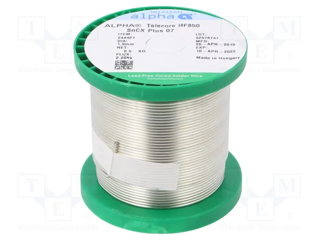 Arame de solda, Sn99,3Cu0,7, 1,5mm, 0,5kg, sem ch.