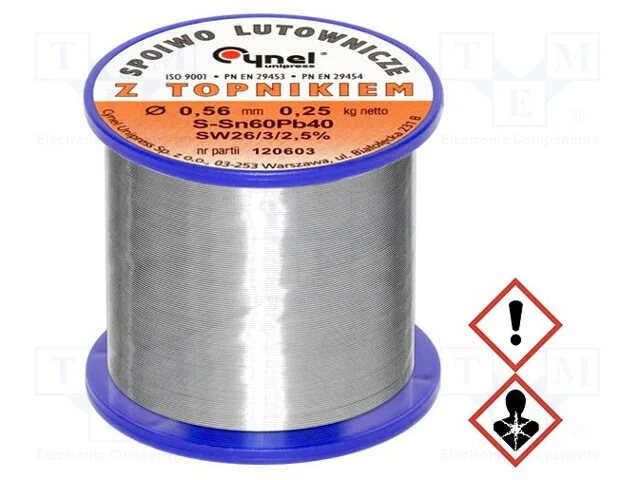 Arame de solda, Sn60Pb40, 0,56mm, 0,25kg, com chu.
