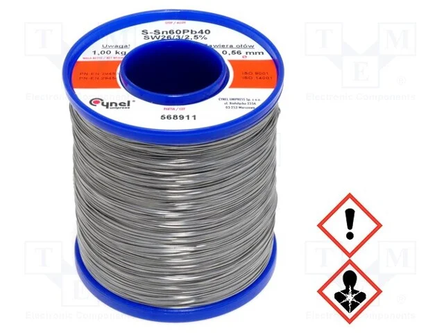 Arame de solda, Sn60Pb40, 0,56mm, 1kg, com chumbo.