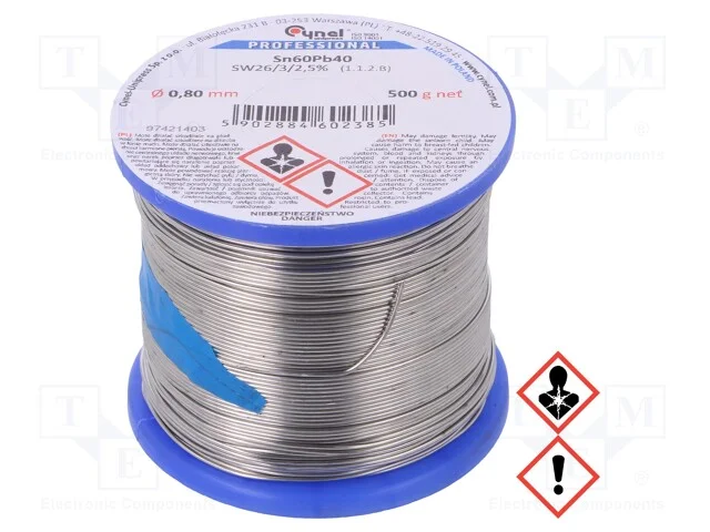 Arame de solda, Sn60Pb40, 0,8mm, 500g, com chumbo.