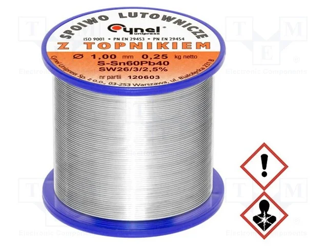 Arame de solda, Sn60Pb40, 1mm, 0,25kg, com chumbo.