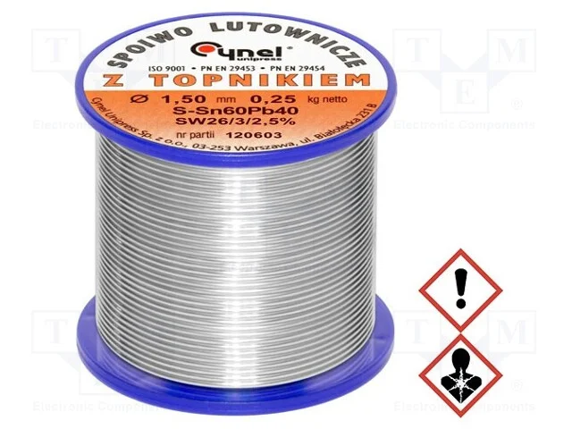 Arame de solda, Sn60Pb40, 1,5mm, 0,25kg, com chum.