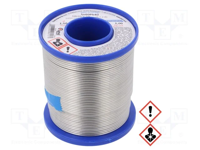 Arame de solda, Sn60Pb40, 1,5mm, 1kg, com chumbo,.