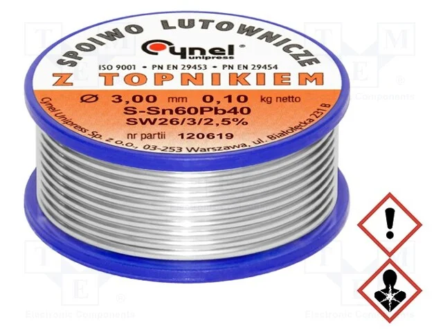 Arame de solda, Sn60Pb40, 3mm, 0,1kg, com chumbo,.