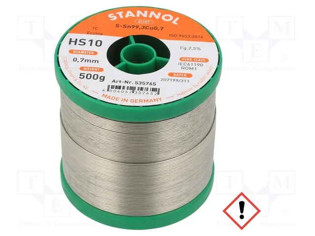 Arame de solda, Sn99,3Cu0,7, 700um, 0,5kg, sem ch.