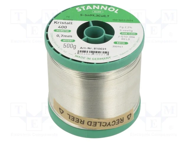 Arame de solda, Sn99,3Cu0,7, 700um, 0,5kg, sem ch.