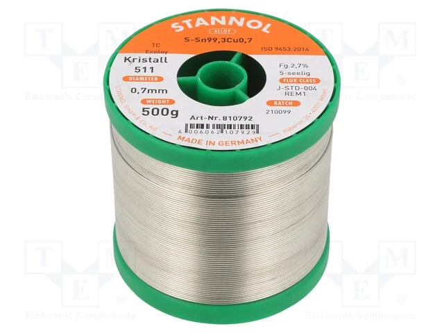 Arame de Solda, Sn99,3cu0,7, 700um, 0,5kg, Sem Chumbo, Bobina