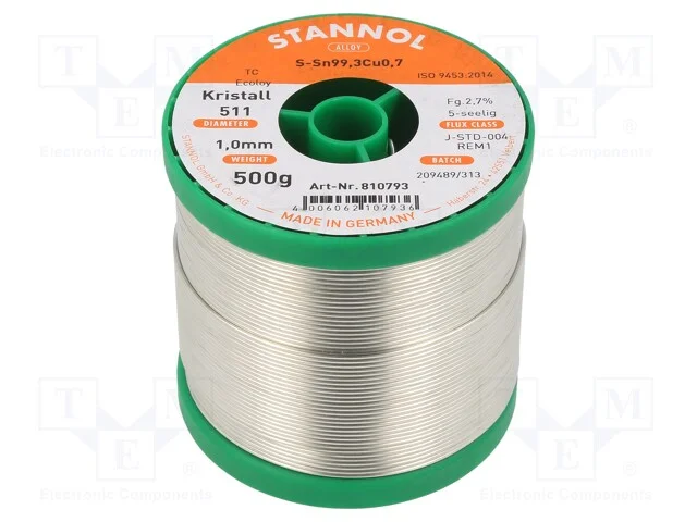 Arame de Solda, Sn99,3cu0,7, 1mm, 0,5kg, Sem Chumbo, Bobina, 227c