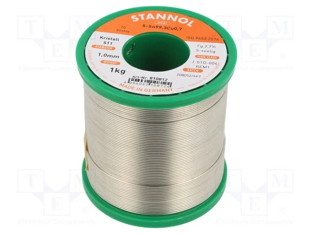 Arame de solda, Sn99,3Cu0,7, 1mm, 1kg, sem chumbo.