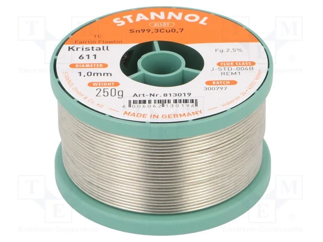 Arame de Solda, Sn99,3cu0,7, 1mm, 250g, Sem Chumbo, Bobina, 2,5%