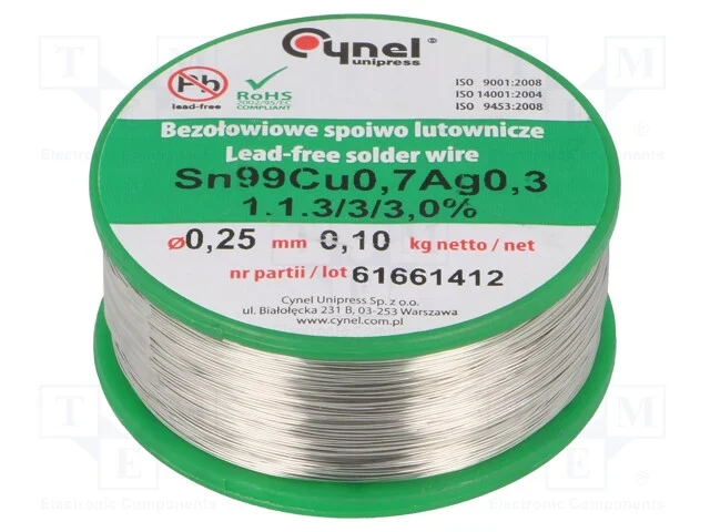 Arame de solda, Sn99Ag0,3Cu0,7, 0,25mm, 100g, sem.