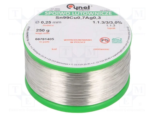 Arame de Solda, Sn99ag0,3cu0,7, 250um, 250g, Sem Chumbo, Bobina