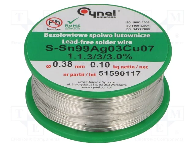 Arame de solda, Sn99Ag0,3Cu0,7, 380um, 100g, sem .
