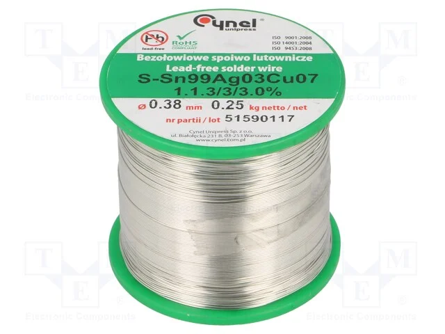 Arame de solda, Sn99Ag0,3Cu0,7, 380um, 250g, sem .