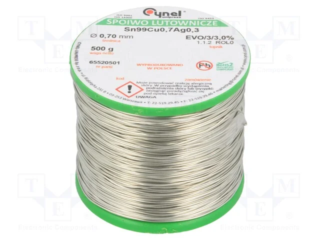 Arame de Solda, Sn99ag0,3cu0,7, 700um, 500g, Sem Chumbo, Bobina