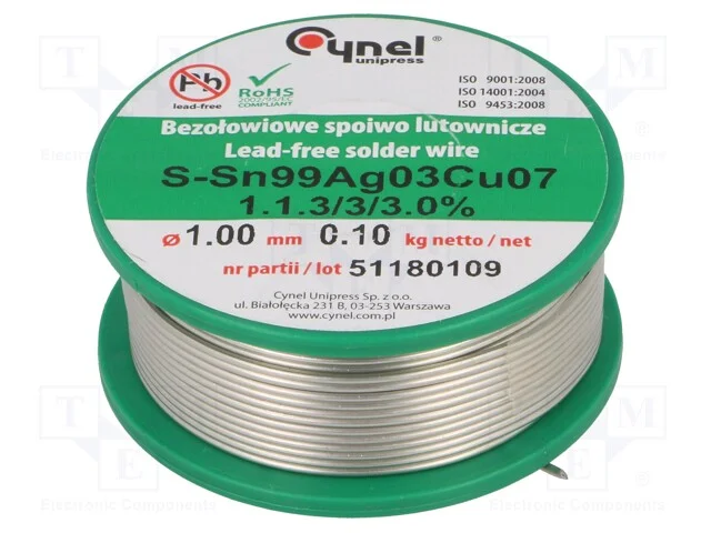 Arame de Solda, Sn99ag0,3cu0,7, 1mm, 100g, Sem Chumbo, Bobina