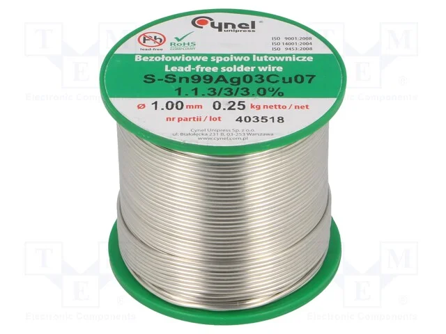 Arame de solda, Sn99Ag0,3Cu0,7, 1mm, 250g, sem ch.